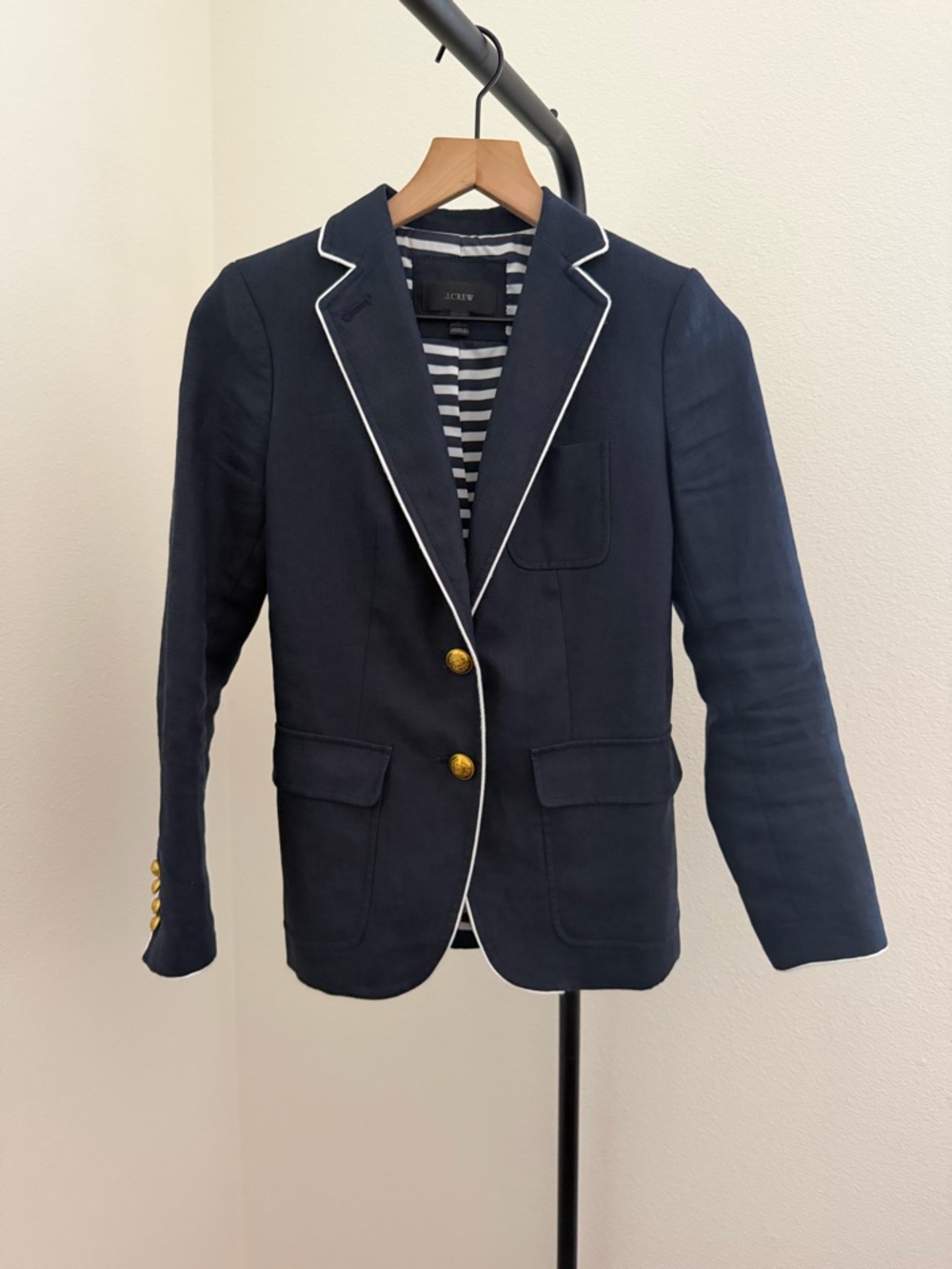 J. Crew Navy linen nautical preppy Blazer with White Piping and Gold Buttons - Picture 3 of 7